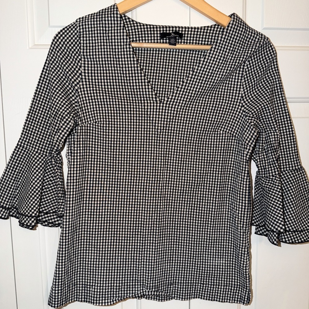 Jules & Leopold Womens Gingham V-Neck Tiered Ruffle Bell Sleeve Blouse Black M